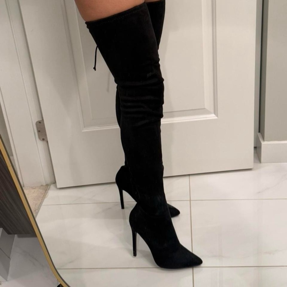 Miss Lola Black Over the Knee Boots with Stiletto Heel
